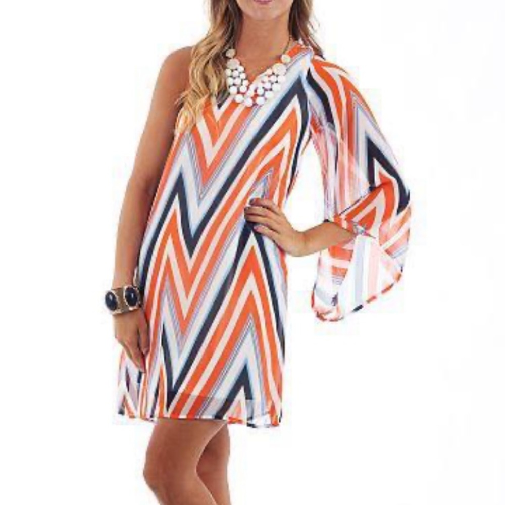 One Shoulder Chevron Dress Orange, Blue, White Size Small